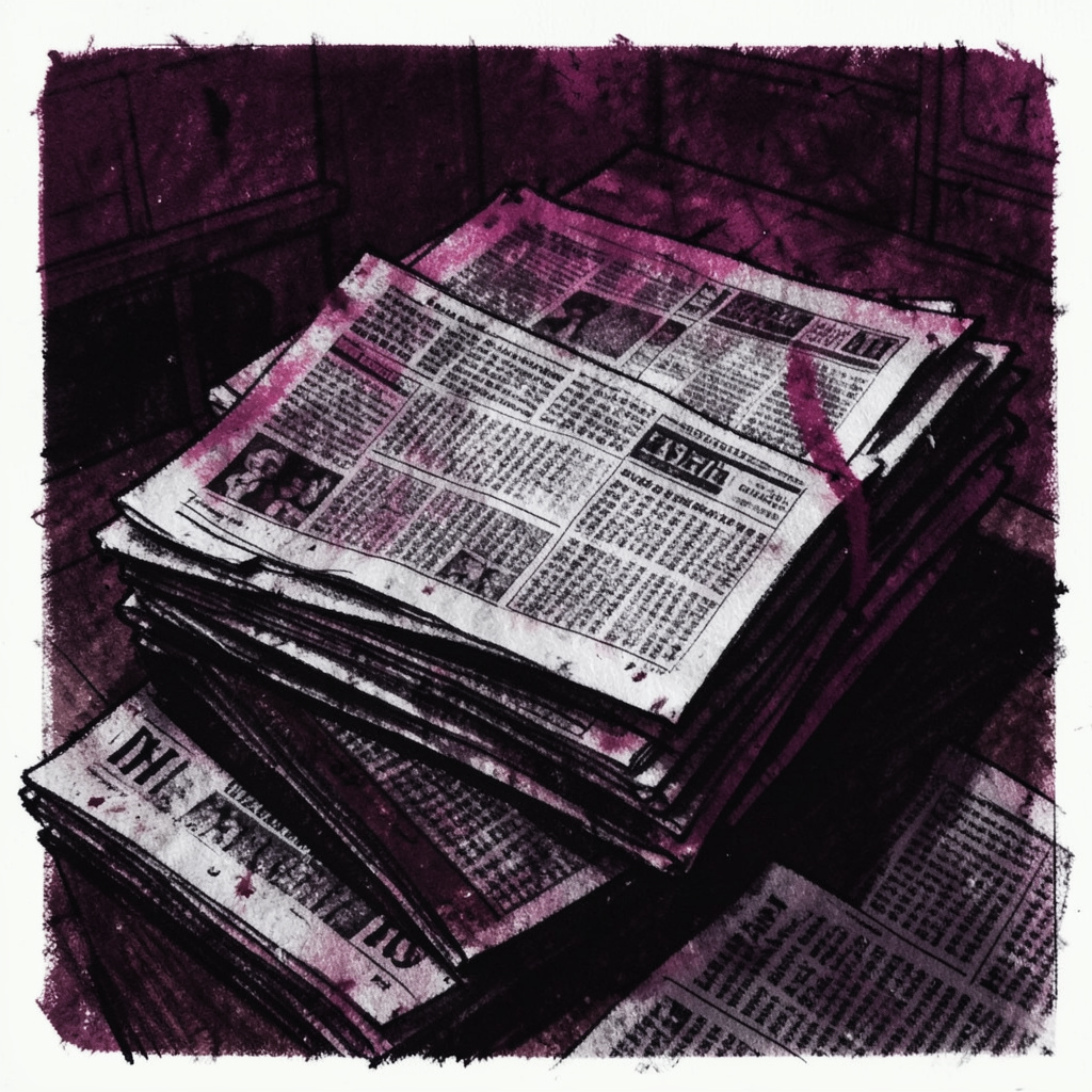 A bold charcoal drawing of layered newspaper pages in deep burgundy and charcoal tones, evoking a quiet newsroom at dusk
