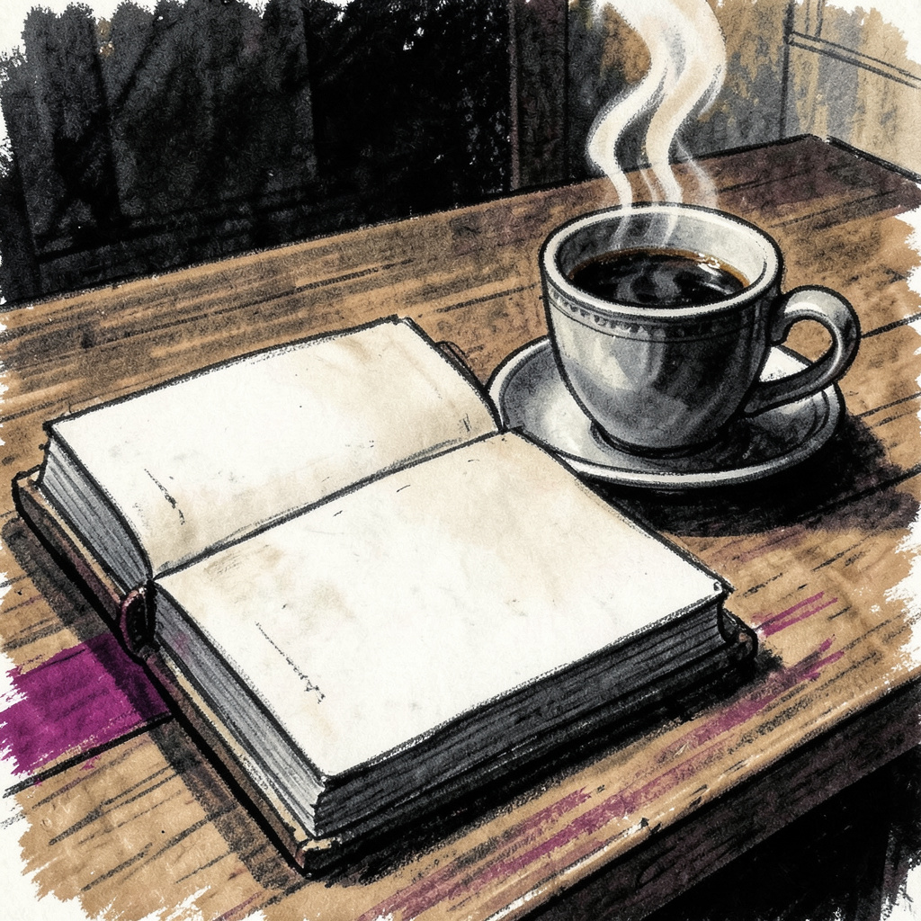 A bold charcoal drawing in deep grey and warm sepia tones showing an open notebook beside a steaming cup of coffee on a wooden desk, evoking a calm morning reading atmosphere