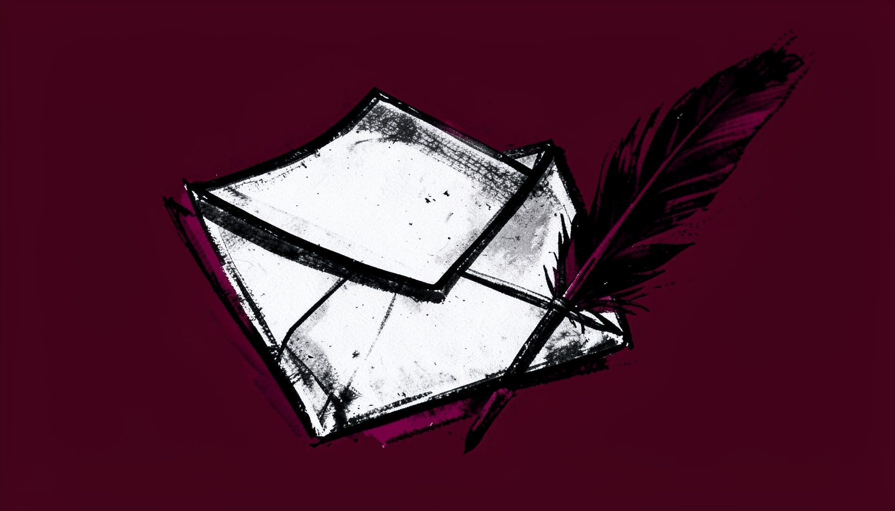 Bold charcoal illustration of an open envelope and quill on a deep burgundy background, evoking a quiet study mood